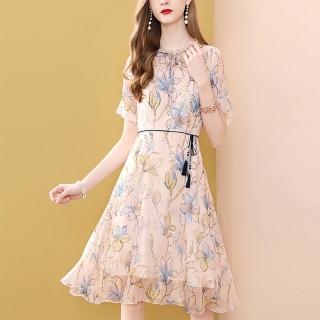 【FQ 時尚天后】粉橘夏日花卉腰間掛飾洋裝(S-2XL)