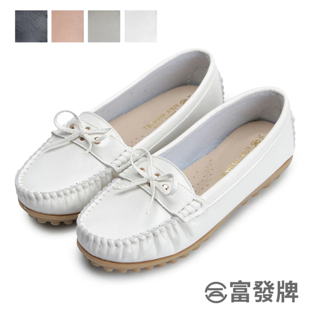 FUFA Shoes 富發牌 皮質細線蝴蝶結豆豆鞋-白 1DR25(女鞋/女懶人鞋/莫卡辛鞋/包鞋)