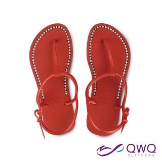 【QWQ】夏日時尚-綁帶休閒水鑽涼鞋-腳型修長款-鞋帶保固-搖滾紅 MIT(GEBB)