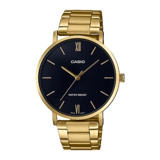 【CASIO 卡西歐】指標男錶 不鏽鋼錶帶 黑金 生活日常防水(MTP-VT01G-1B)