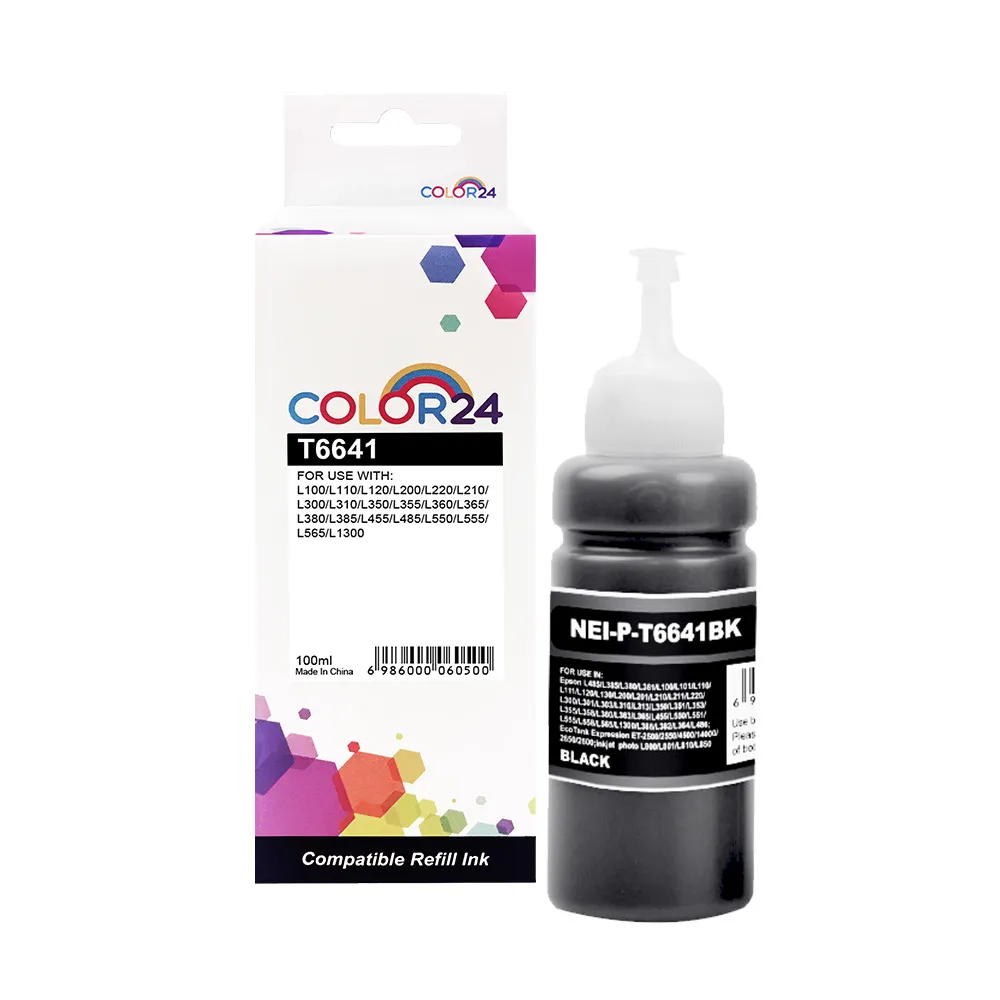 【Color24】for EPSON 黑色 增量版 T664100/100ml 相容連供墨水(適用 L100/L110/L120/L200/L220/L210/L300)