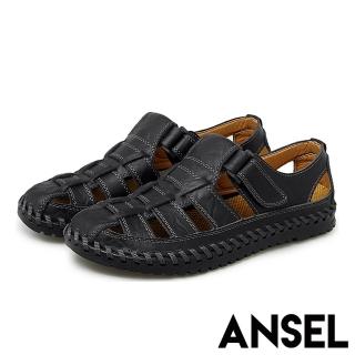 【ANSEL】真皮復古編織魔鬼粘個性舒適羅馬涼鞋-男鞋(黑)
