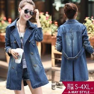【艾美時尚】中大尺碼女裝 外套 顯瘦水洗刷破感丹寧牛仔外套。S-4XL(藍.現貨+預購)