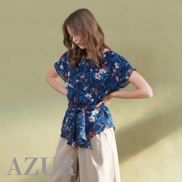 【AZUR】鄉村花卉油畫綁結雪紡上衣