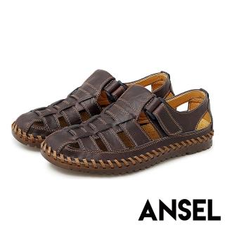 【ANSEL】真皮復古編織魔鬼粘個性舒適羅馬涼鞋-男鞋(棕)