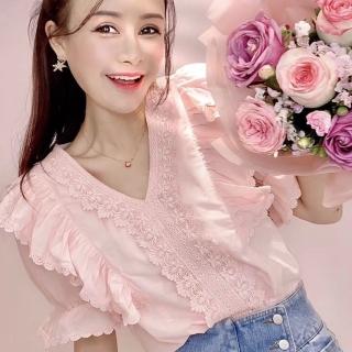 【BBHONEY】甜美蕾絲滾邊襯衫V領荷葉花邊喇叭袖上衣(網美必備款)
