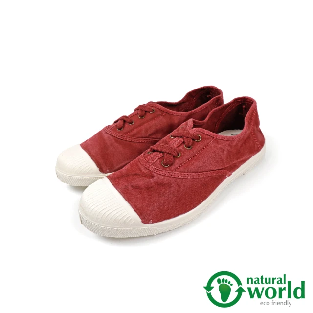 【Natural World】經典素面刷色綁帶手工帆布鞋 棗紅色(102E-BUR)