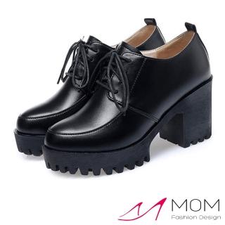 【MOM】真皮跟鞋 厚底跟鞋/真皮細緻牛皮復古版型厚底防水臺深口綁帶粗跟休閒鞋(黑)