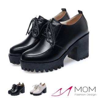 【MOM】真皮跟鞋 厚底跟鞋/真皮細緻牛皮復古版型厚底防水臺深口綁帶粗跟休閒鞋(2色任選)