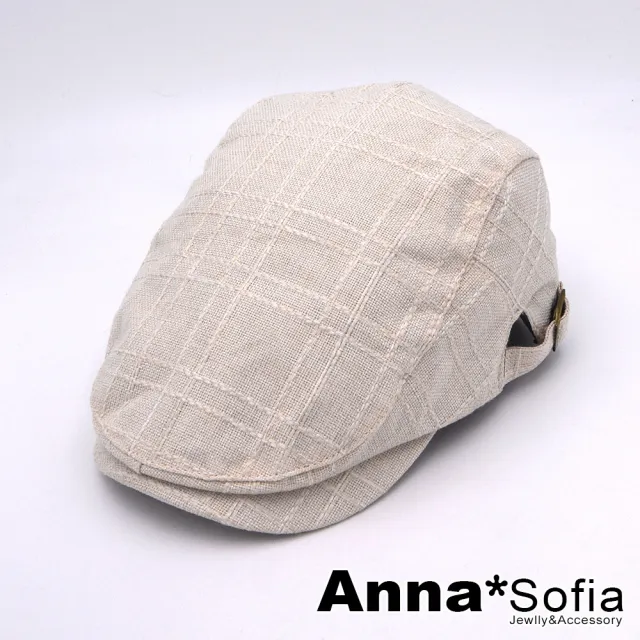 【AnnaSofia】鴨舌帽明星潮帽貝蕾帽狩獵帽報童帽小偷帽-氣質棉麻交錯格紋 現貨(米黃系)