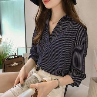 【LANNI 藍尼】★韓版立領寬鬆顯瘦條紋七分袖襯衫(三色任選)