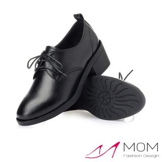 【MOM】真皮牛津鞋 粗跟牛津鞋/真皮細緻牛皮優雅深口繫帶防水臺粗跟牛津鞋(黑)