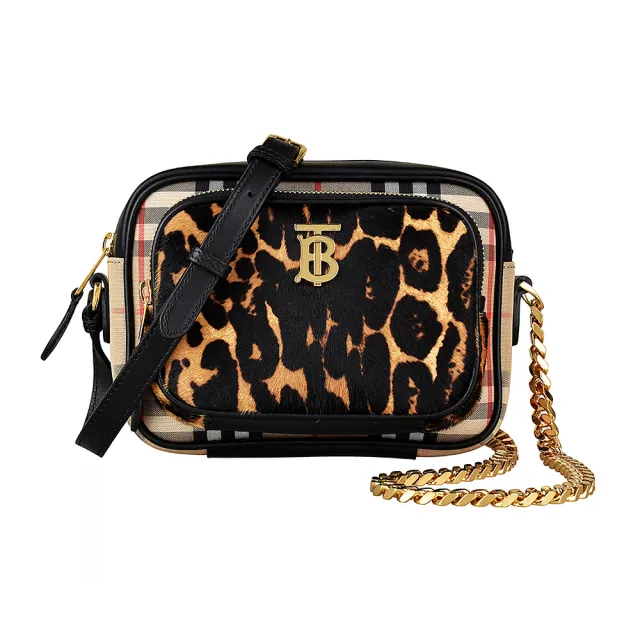 【BURBERRY 巴寶莉】BURBERRY VINTAGE金屬LOGO豹紋設計尼龍拉鍊斜背相機包(黑)（其他規格）