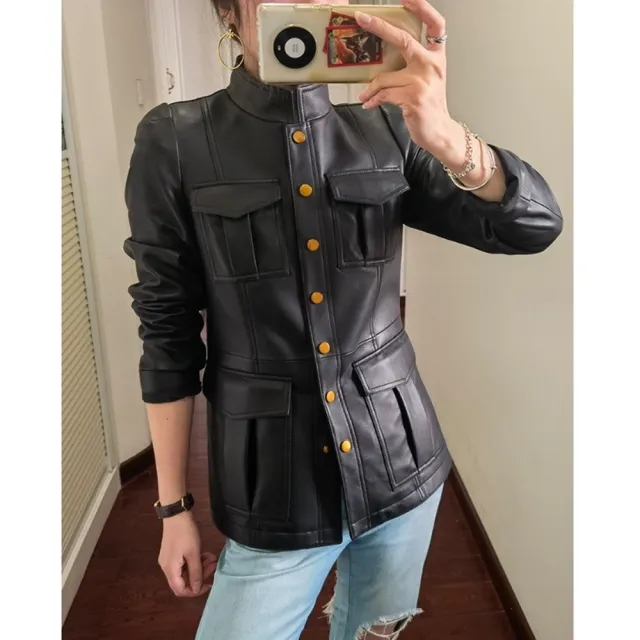 【巴黎精品】現貨+預購 皮衣外套真皮夾克(修身立領泡泡袖羊皮女外套a1dp55)