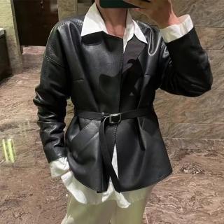 【巴黎精品】現貨+預購 皮衣外套真皮夾克(高階感羊皮圓領收腰女外套2色a1dp24)