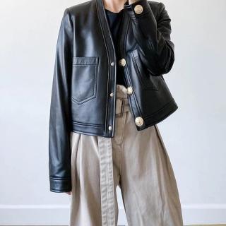 【巴黎精品】現貨+預購 皮衣外套真皮夾克(短款V領裝飾大扣女外套3色a1dp29)