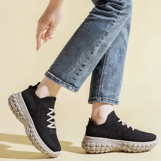 【JC Collection】透氣飛織修飾腿型簡約甜美綁帶運動休閒鞋(黑色)