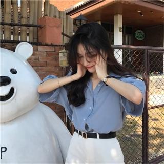 【D.studio】韓版寬素色設計感小眾洋氣短袖襯衫(短袖上衣 短袖t恤 女裝 顯瘦上衣 衣服 寬鬆上衣 素T T314)