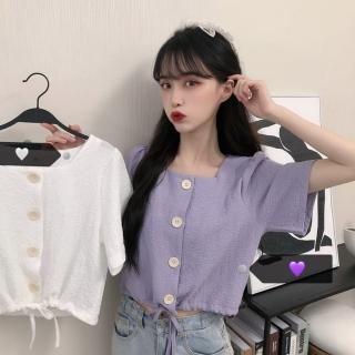 【D.studio】韓版方領短版設計感拉繩收腰短袖上衣(短袖t恤 女裝 顯瘦上衣 衣服 寬鬆上衣 素T T295)