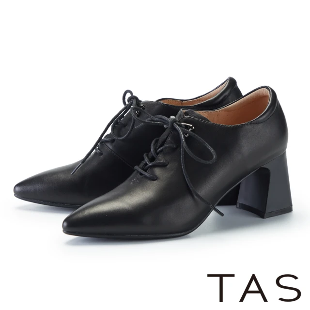 TAS 羊皮綁帶尖頭粗高跟德比踝靴(黑色)折扣推薦