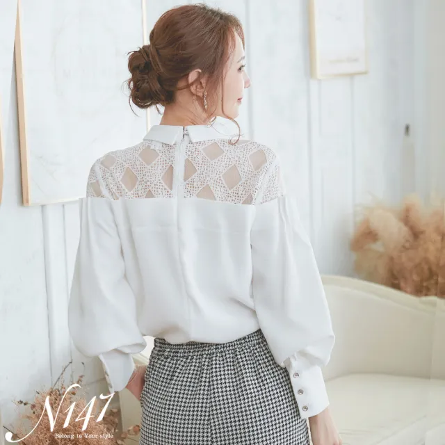 【N147】領口蕾絲鏤空輕透膚設計師雪紡上衣《607》(韓國女裝/現貨商品/預購)
