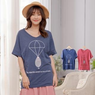 【衣心衣意中大尺碼】現貨MIT-衣服寬鬆卡哇伊熱氣球圖印長版上衣(藍色 紅色A3338)