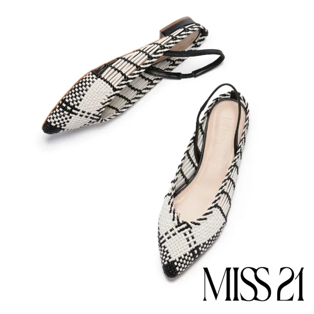 【MISS 21】慵懶手工風編織造型尖頭粗跟涼鞋(黑白)