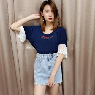【BBHONEY】透氣涼感T甜美蕾絲拼接花朵刺繡短袖上衣(網美必備款)