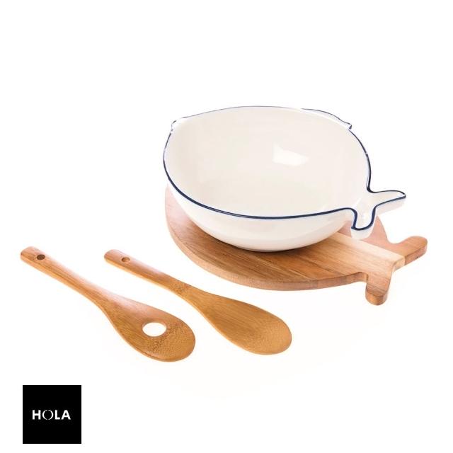 【HOLA】圓滿有魚沙拉碗附竹叉匙木座26cm