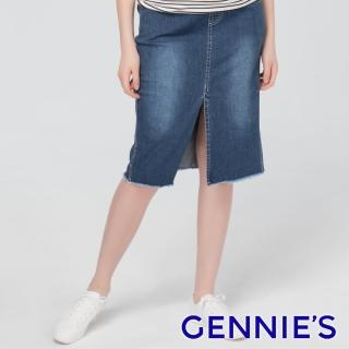 【Gennies 奇妮】彈力開衩牛仔裙-藍(孕婦裙 裙擺不收邊 一體成型 無痕褲頭)