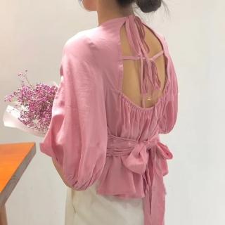 【BBHONEY】韓版甜美小眾交叉綁帶性感露背泡泡袖襯衫上衣(網美必備款)