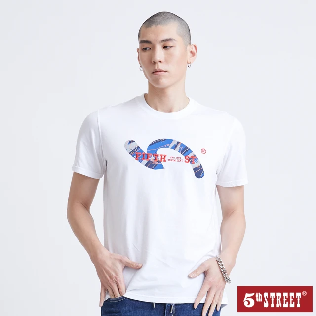 【5th STREET】男潮迷彩大五短袖T恤-白色