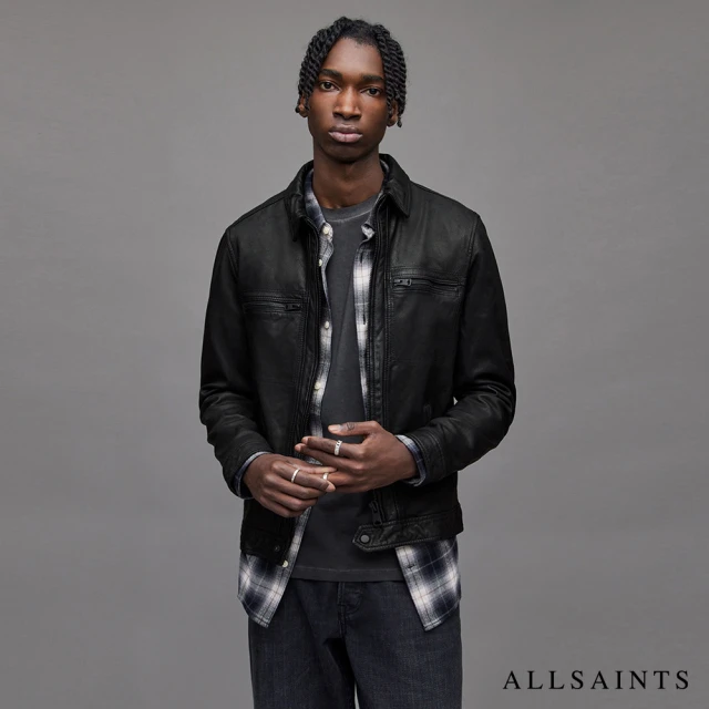 【ALLSAINTS】LARK 經典極簡個性風格對稱口袋皮衣夾克-黑 ML141H