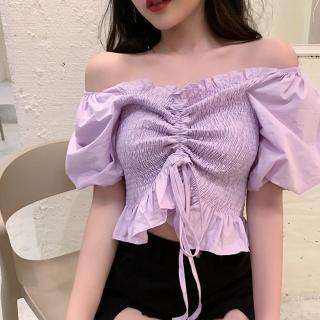 【BBHONEY】韓版泡泡袖襯衫露肩抽繩綁帶縮腰短款上衣(網美必備款)