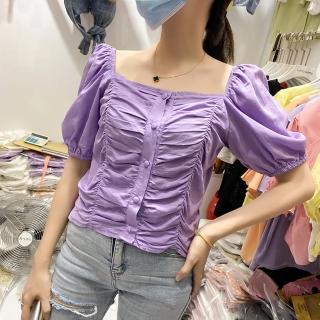 【BBHONEY】百搭襯衫宮廷風褶皺設計感心機露鎖骨上衣(網美必備款)