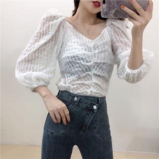 【BBHONEY】性感大V領百搭泡泡袖襯衫微透視上衣(網美必備款)