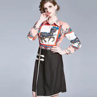 【a la mode 艾拉摩兒】紅框黃駿馬白側釦黑裙短洋裝(M-2XL)