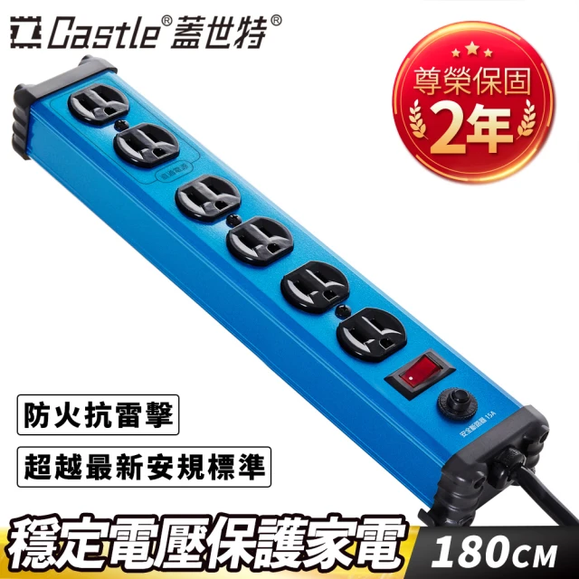 【Castle蓋世特】1開6插 鋁合金抗突波防火防雷保護插座 延長線 電源線-1.8M(晶湛藍)