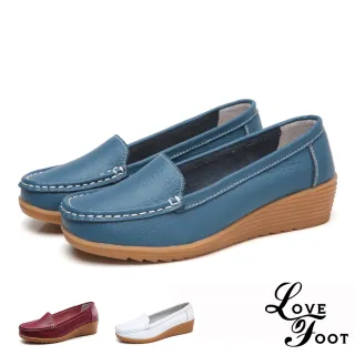 【LOVE FOOT 樂芙】真皮純色素面百搭舒適坡跟休閒鞋(5色任選)