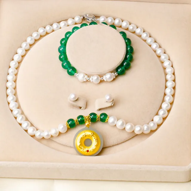 【RJNewYork】富貴一生珍珠綠綠玉瑪瑙水晶項鍊手鍊耳環(圖片色)