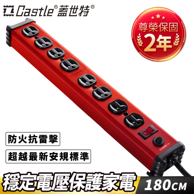 【Castle蓋世特】1開8插 鋁合金抗突波防火防雷保護插座 延長線 電源線-1.8M(閃耀紅)