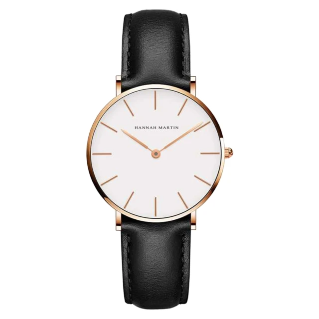 【HANNAH MARTIN】金色刻度設計感腕錶-白面黑皮帶x36mm(HM-CB36-FH)