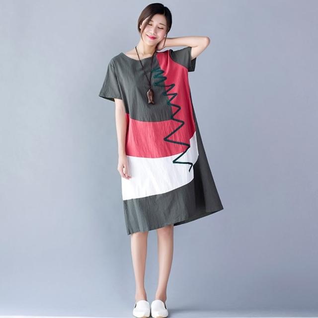 【米蘭精品】現貨+預購 連身裙短袖洋裝(撞色拼接夏季棉麻女裙子4色73xz25)