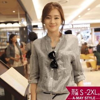【艾美時尚】中大尺碼女裝 上衣 簡約小圓領自然色系棉麻衫。S-2XL(6色.預購)