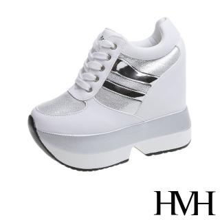 【HMH】潮流金蔥亮皮拼接個性鬆糕厚底內增高休閒鞋(白)