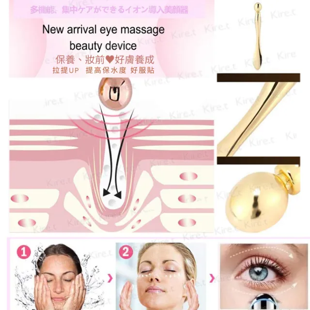 【Kiret】二合一導入器 臉部按摩棒 合金 眼部眼霜導入棒 贈收納布套+洗臉起泡網-金色 Kiret(挖勺 挑棒)