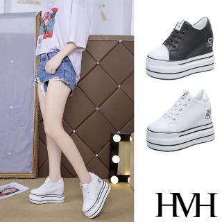 【HMH】時尚百搭潮流復古鬆糕厚底內增高純色皮面休閒鞋(2色任選)