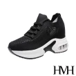 【HMH】舒適透氣飛織網布綁帶造型時尚氣墊厚底內增高休閒鞋(黑)