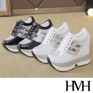 【HMH】潮流金蔥亮皮拼接個性鬆糕厚底內增高休閒鞋(2色任選)