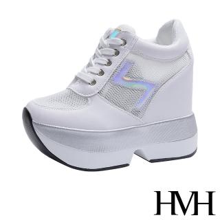 【HMH】時尚Z字透氣網布拼接鬆糕厚底內增高休閒鞋(白)